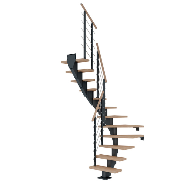 Mittelholmtreppe Frankfurt + Designgel, 65cm Treppenl 1/2 gew. 11 Stufen Eiche weiß, geölt, Metallkomp antrhazit