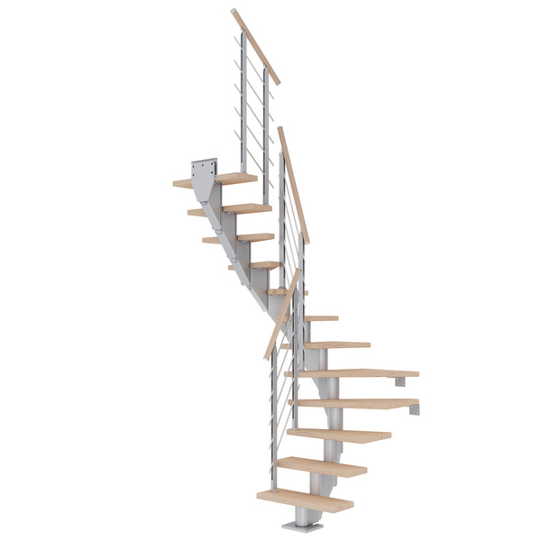Mittelholmtreppe Frankfurt + Designgel, 65cm Treppenl 1/2 gew. 11 Stufen Eiche weiß, geölt, Metallkomp perlgrau