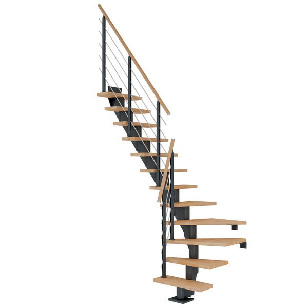 Mittelholmtreppe Frankfurt + Designgel, 75cm Treppenl 1/4 gew. 12 Stufen Buche geölt, Metallkomp antrhazit