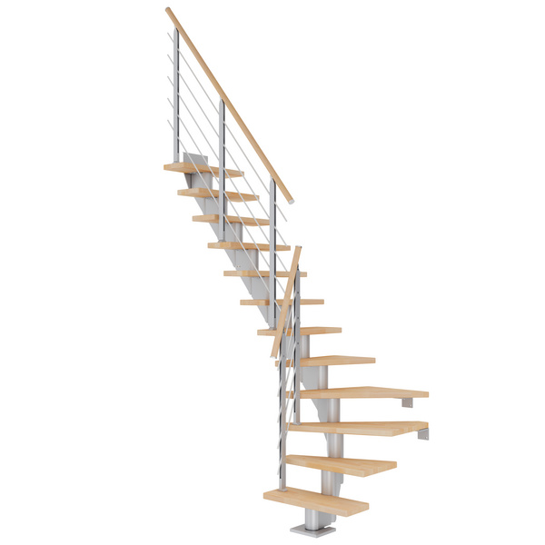 Mittelholmtreppe Frankfurt + Designgel, 75cm Treppenl 1/4 gew. 13 Stufen Buche geölt, Metallkomp perlgrau