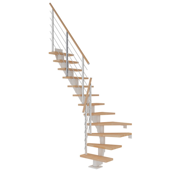 Mittelholmtreppe Frankfurt + Designgel, 75cm Treppenl 1/4 gew. 13 Stufen Buche geölt, Metallkomp weiß