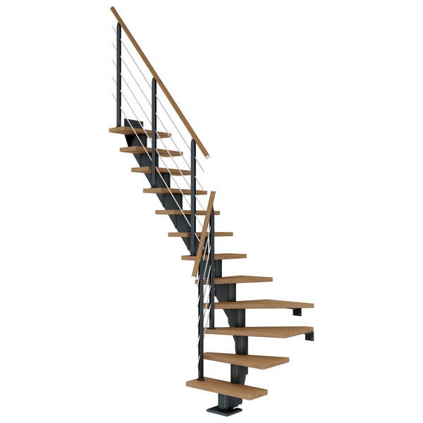 Mittelholmtreppe Frankfurt + Designgel, 65cm Treppenl 1/4 gew. 13 Stufen Eiche geölt, Metallkomp antrhazit