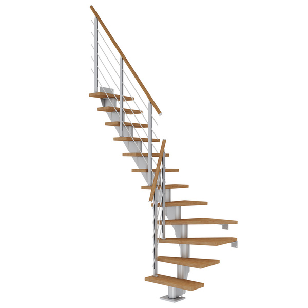 Mittelholmtreppe Frankfurt + Designgel, 75cm Treppenl 1/4 gew. 11 Stufen Eiche geölt, Metallkomp perlgrau