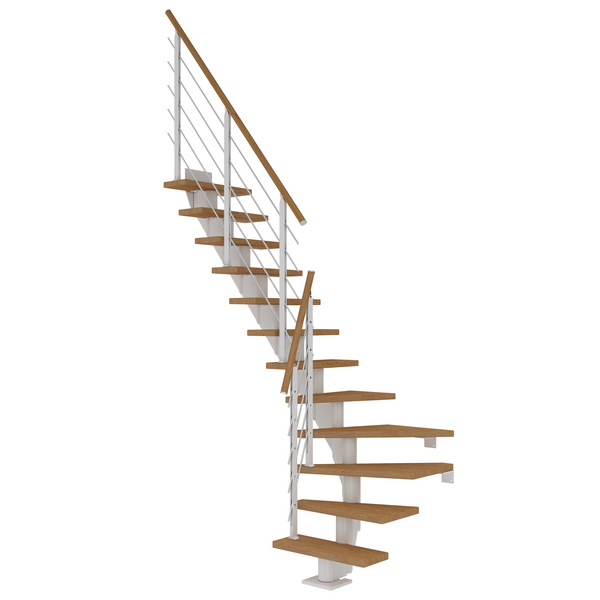 Mittelholmtreppe Frankfurt + Designgel, 65cm Treppenl 1/4 gew. 13 Stufen Eiche geölt, Metallkomp weiß