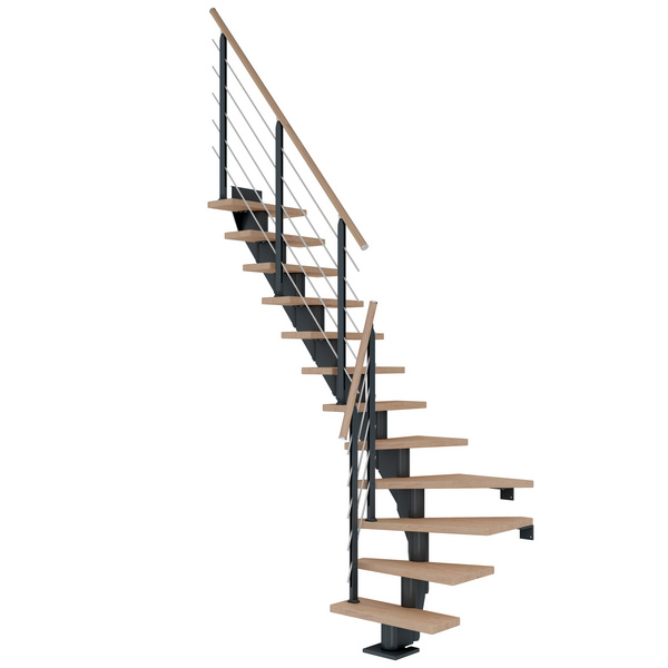 Mittelholmtreppe Frankfurt + Designgel, 75cm Treppenl 1/4 gew. 11 Stufen Eiche weiß, geölt, Metallkomp antrhazit