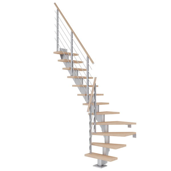 Mittelholmtreppe Frankfurt + Designgel, 65cm Treppenl 1/4 gew. 13 Stufen Eiche weiß, geölt, Metallkomp perlgrau
