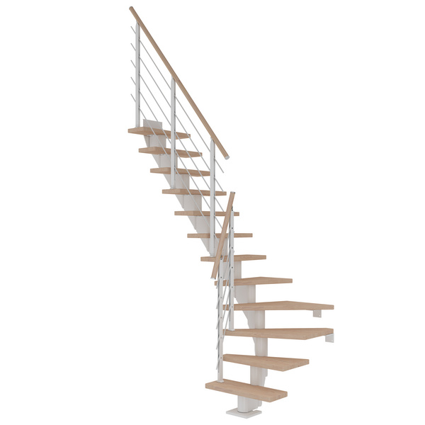 Mittelholmtreppe Frankfurt + Designgel, 65cm Treppenl 1/4 gew. 13 Stufen Eiche weiß, geölt, Metallkomp weiß