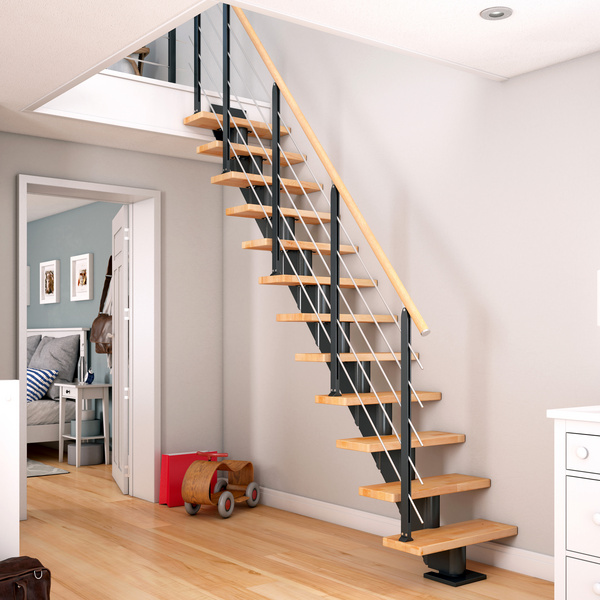 Mittelholmtreppe Frankfurt + Designgel, 75cm Treppenl gerade 13 Stufen Buche geölt, Metallkomp antrhazit