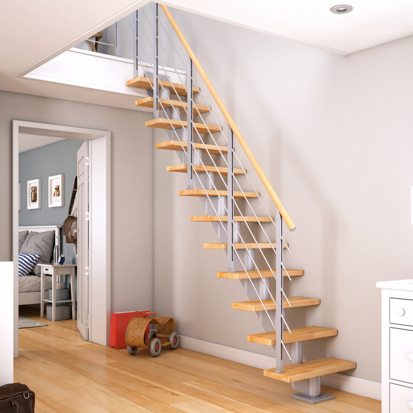 Mittelholmtreppe Frankfurt + Designgel, 75cm Treppenl gerade 13 Stufen Buche geölt, Metallkomp perlgrau