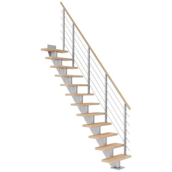 Mittelholmtreppe Frankfurt + Designgel, 75cm Treppenl gerade 13 Stufen Buche geölt, Metallkomp perlgrau