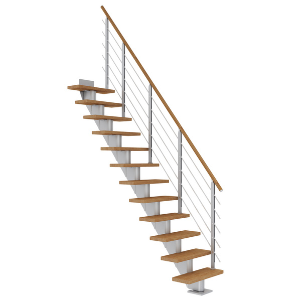 Mittelholmtreppe Frankfurt + Designgel, 65cm Treppenl gerade 12 Stufen Eiche geölt, Metallkomp perlgrau