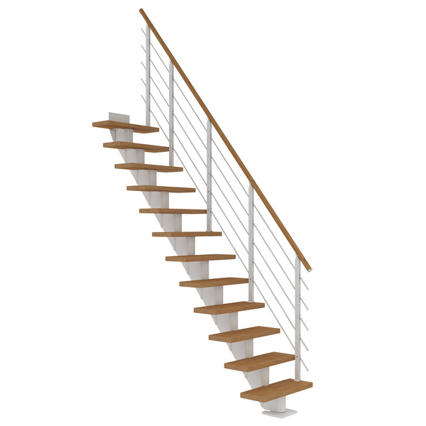 Mittelholmtreppe Frankfurt + Designgel, 65cm Treppenl gerade 13 Stufen Eiche geölt, Metallkomp weiß
