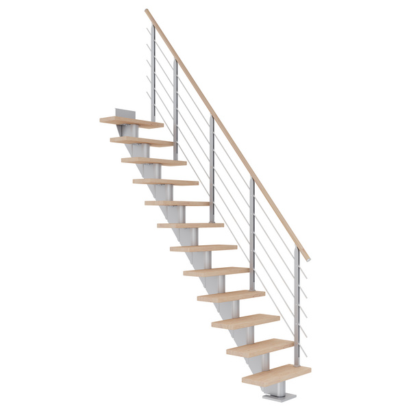Mittelholmtreppe Frankfurt + Designgel, 65cm Treppenl gerade 13 Stufen Eiche weiß, geölt, Metallkomp perlgrau