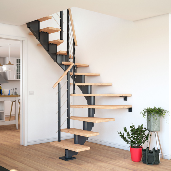 Mittelholmtreppe Hamburg + Designgel 75cm Treppenl 1/2gewendelt 14 Stufen Eiche weiß, geölt, Metallkomp anthrazit