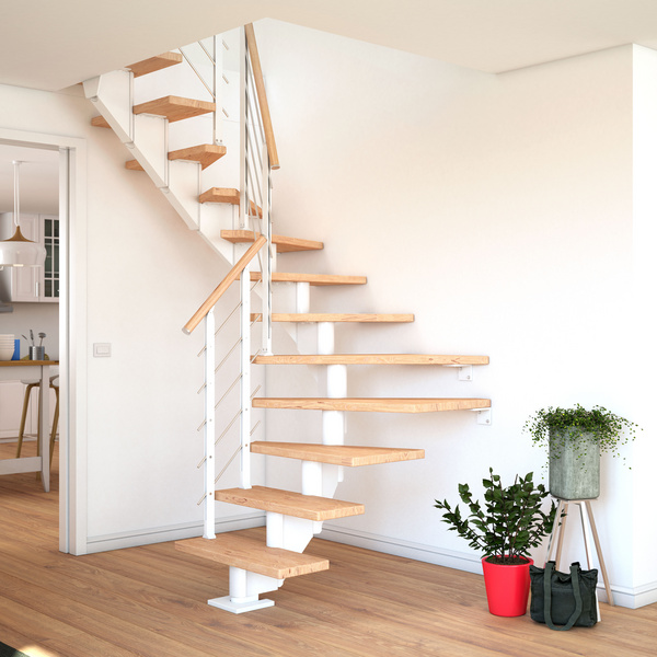 Mittelholmtreppe Hamburg + Designgel 75cm Treppenl 1/2gewendelt 13 Stufen Eiche weiß, geölt, Metallkomp weiß