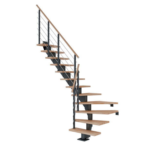 Mittelholmtreppe Hamburg + Designgel 75cm Treppenl 1/4gewendelt 11 Stufen Buche geölt, Metallkomp anthrazit