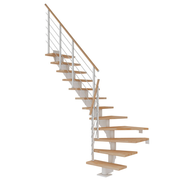 Mittelholmtreppe Hamburg + Designgel 75cm Treppenl 1/4gewendelt 11 Stufen Buche geölt, Metallkomp weiß
