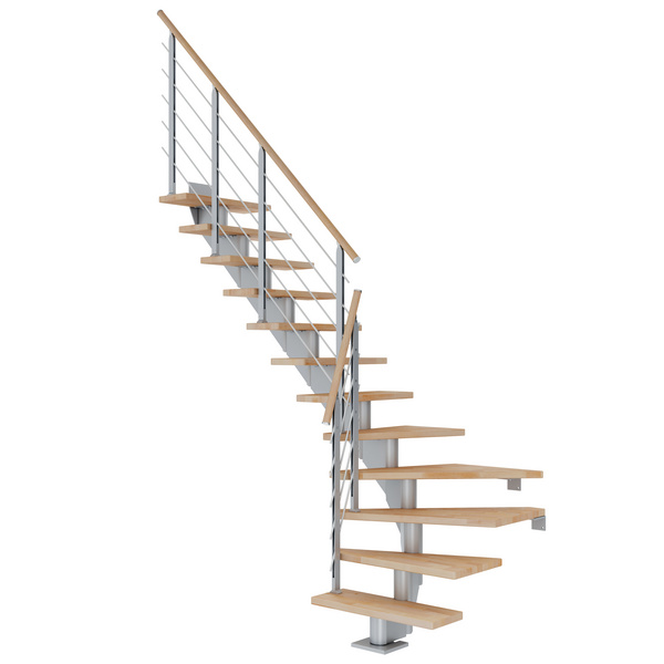 Mittelholmtreppe Hamburg + Designgel 75cm Treppenl 1/4gewendelt 11 Stufen Buche geölt, Metallkomp perlgrau