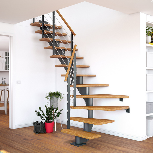 Mittelholmtreppe Hamburg + Designgel 85cm Treppenl 1/4gewendelt 13 Stufen Eiche geölt, Metallkomp anthrazit