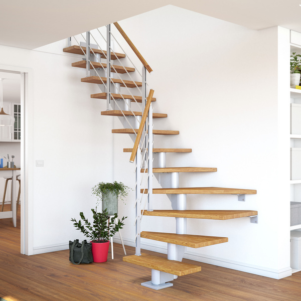 Mittelholmtreppe Hamburg + Designgel 85cm Treppenl 1/4gewendelt 11 Stufen Eiche geölt, Metallkomp perlgrau