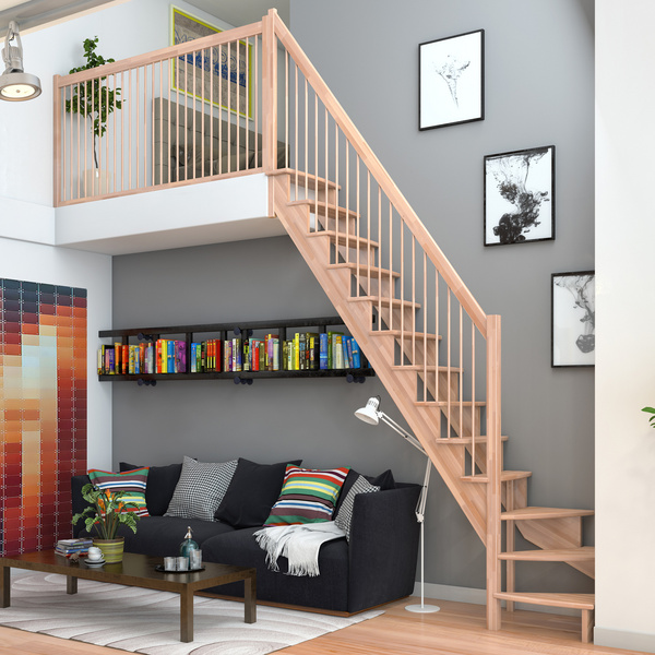 Raumspartreppe Lyon Buche unbeh. 1/4 gewendelt unten links Holzstäbe B 75cmGH bis 286 cm