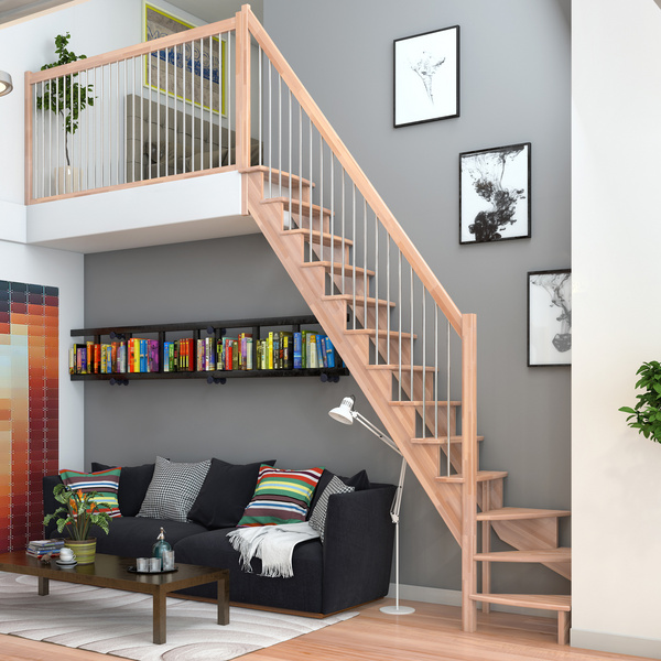 Raumspartreppe Lyon Buche unbeh. 1/4 gewendelt unten links Metallstäbe B 75cmGH bis 286 cm