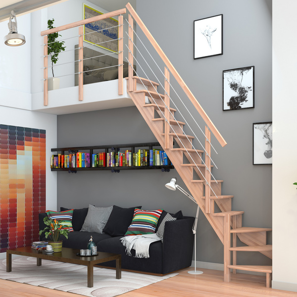 Raumspartreppe Lyon Buche unbeh. 1/4 gewendelt unten links Edelstahlrohre B 75cmGH bis 286 cm