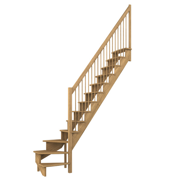 Raumspartreppe Lyon Eiche versi. 1/4 gewendelt unten rechts Holzstäbe B 65cm GH bis 286 cm