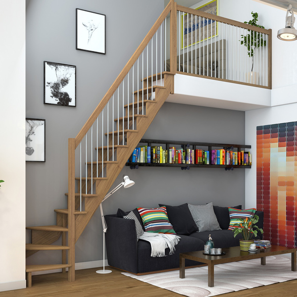 Raumspartreppe Lyon Eiche versi. 1/4 gewendelt unten rechts Metallstäbe B 75cmGH bis 286 cm