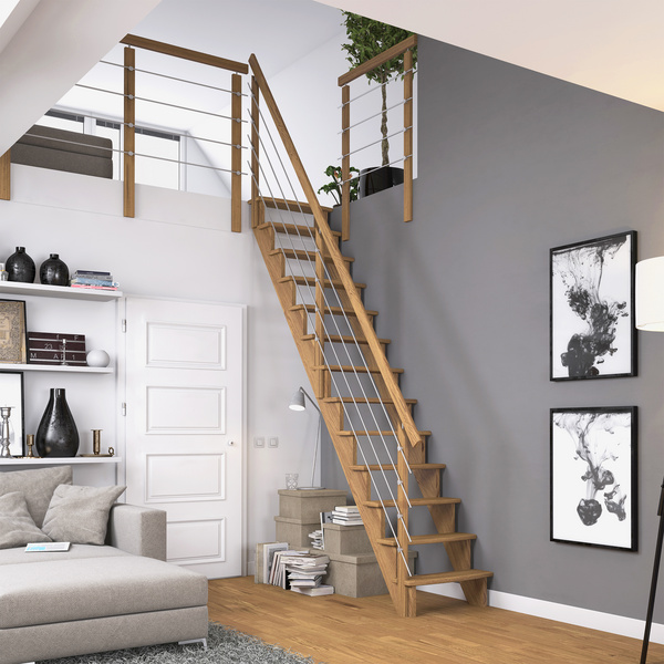 Raumspartreppe Lyon Eiche versi. 1/4 gewendelt unten links Holzstäbe B 65cm GH bis 286 cm