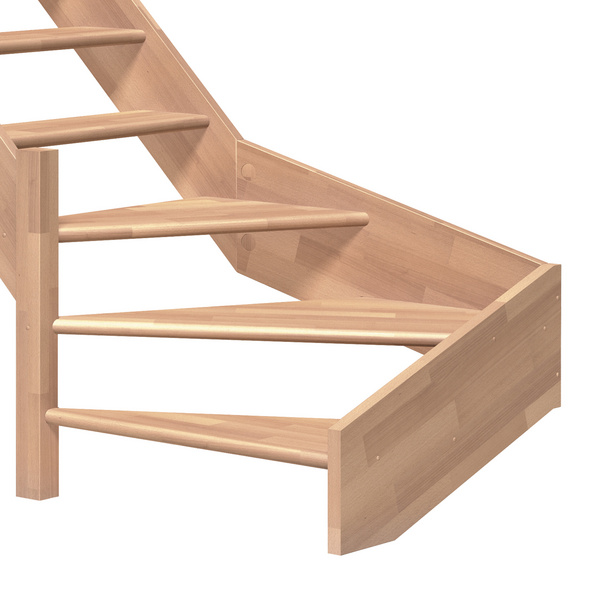 Raumspartreppe Paris ohne Setzstufen Buche unbeh. 1/4 gewendelt unten links Rechteckstäbe B 83,5cm GH bis 318 cm