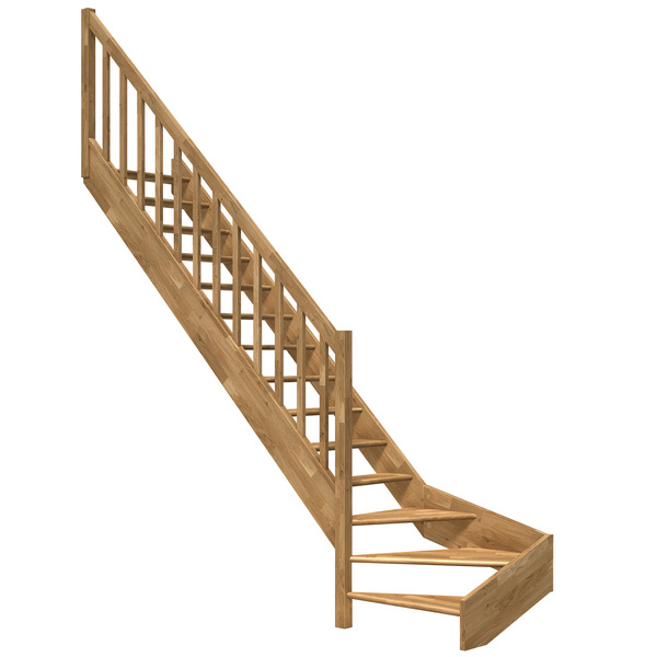 Raumspartreppe Paris ohne Setzstufen Eiche versi. 1/4 gewendelt unten links Rechteckstäbe B 83,5cm GH bis 318 cm