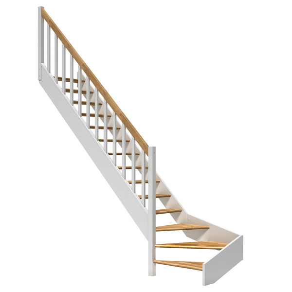 Raumspartreppe Paris ohne Setzstufen Eiche weiß 1/4 gewendelt unten links Rechteckstäbe B 83,5cm GH bis 318 cm