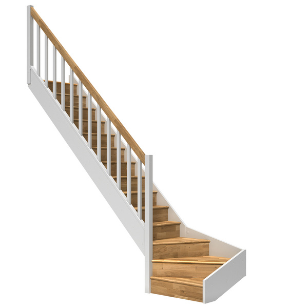 Raumspartreppe Paris mit Setzstufen Eiche weiß 1/4 gewendelt unten links Rechteckstäbe B 83,5cm GH bis 318 cm