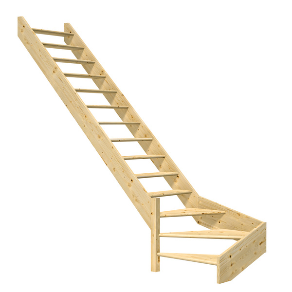 Raumspartreppe Paris ohne Setzstufen Fichte unbeh. 1/4 gewendelt unten links B 83,5cm GH bis 318 cm