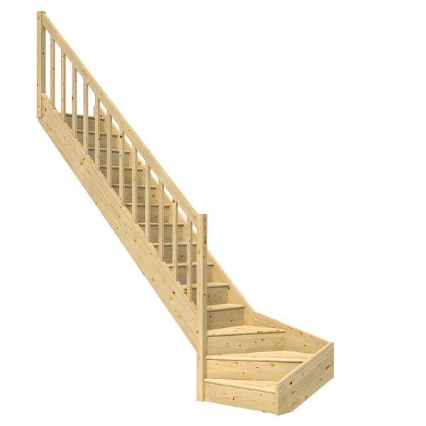 Raumspartreppe Paris mit Setzstufen Fichte unbeh. 1/4 gewendelt unten links Rechteckstäbe B 83,5cm GH bis 318 cm
