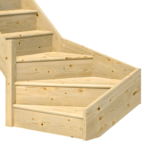 Raumspartreppe Paris mit Setzstufen Fichte unbeh. 1/4 gewendelt unten links Edelstahlstäbe B 83,5cm GH bis 318 cm
