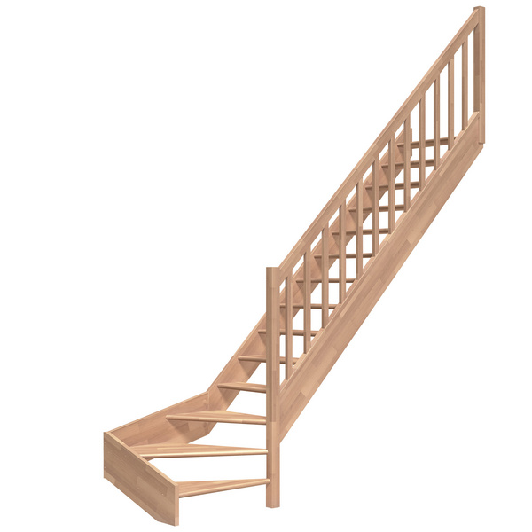 Raumspartreppe Paris ohne Setzstufen Buche unbeh. 1/4 gewendelt unten rechts Rechteckstäbe B 83,5cm GH bis 318 cm