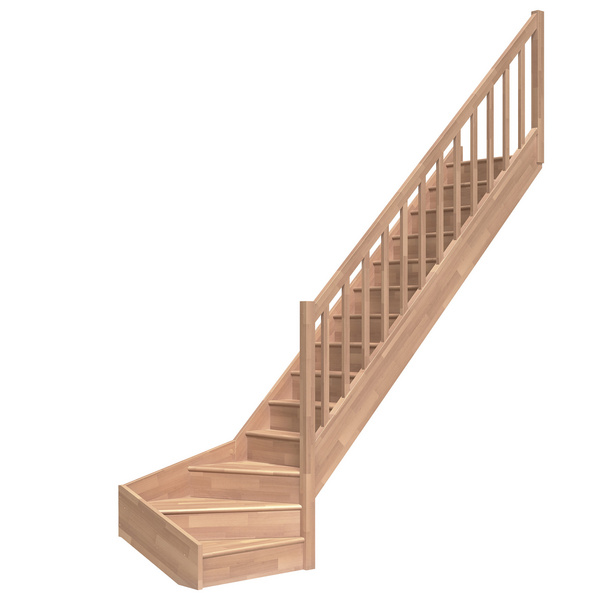 Raumspartreppe Paris mit Setzstufen Buche unbeh. 1/4 gewendelt unten rechts Rechteckstäbe B 83,5cm GH bis 318 cm