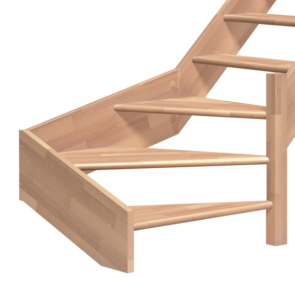 Raumspartreppe Paris ohne Setzstufen Buche unbeh. 1/4 gewendelt unten rechts B 83,5cm GH bis 318 cm