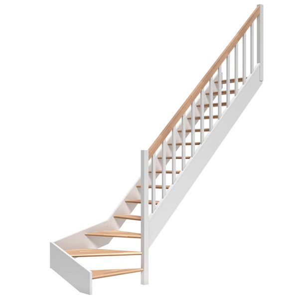 Raumspartreppe Paris ohne Setzstufen Buche weiß 1/4 gewendelt unten rechts Rechteckstäbe B 83,5cm GH bis 318 cm