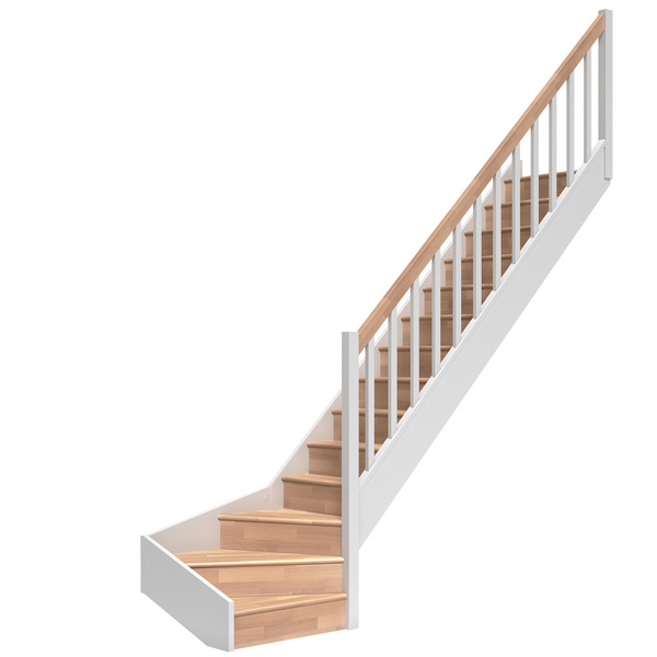 Raumspartreppe Paris mit Setzstufen Buche weiß 1/4 gewendelt unten rechts Rechteckstäbe B 83,5cm GH bis 318 cm