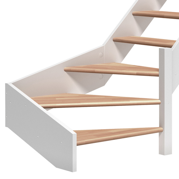 Raumspartreppe Paris ohne Setzstufen Buche weiß 1/4 gewendelt unten rechts B 83,5cm GH bis 318 cm
