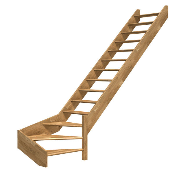 Raumspartreppe Paris ohne Setzstufen Eiche versi. 1/4 gewendelt unten rechts B 83,5cm GH bis 318 cm