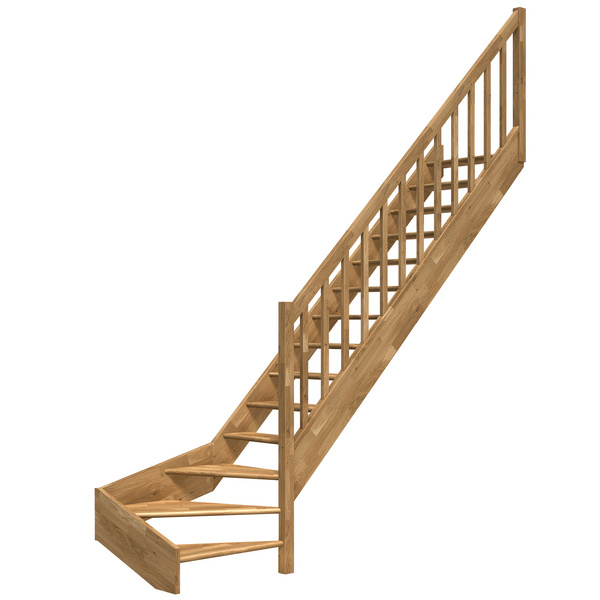 Raumspartreppe Paris ohne Setzstufen Eiche versi. 1/4 gewendelt unten rechts Rechteckstäbe B 83,5cm GH bis 318 cm