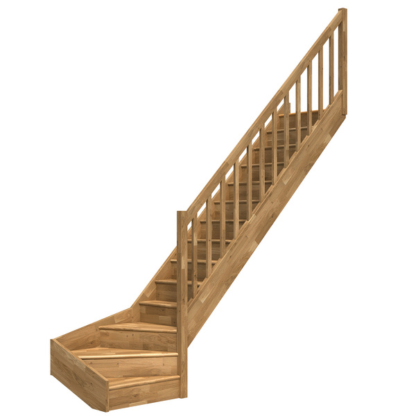 Raumspartreppe Paris mit Setzstufen Eiche versi. 1/4 gewendelt unten rechts Rechteckstäbe B 83,5cm GH bis 318 cm