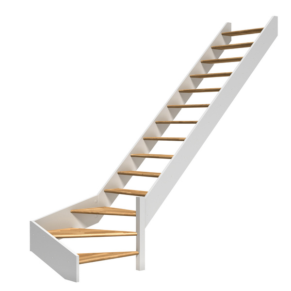 Raumspartreppe Paris ohne Setzstufen Eiche weiß 1/4 gewendelt unten rechts B 83,5cm GH bis 318 cm