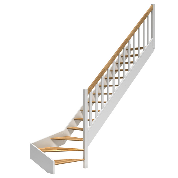 Raumspartreppe Paris ohne Setzstufen Eiche weiß 1/4 gewendelt unten rechts Rechteckstäbe B 83,5cm GH bis 318 cm
