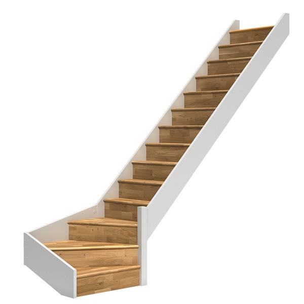 Raumspartreppe Paris mit Setzstufen Eiche weiß 1/4 gewendelt unten rechts B 83,5cm GH bis 318 cm