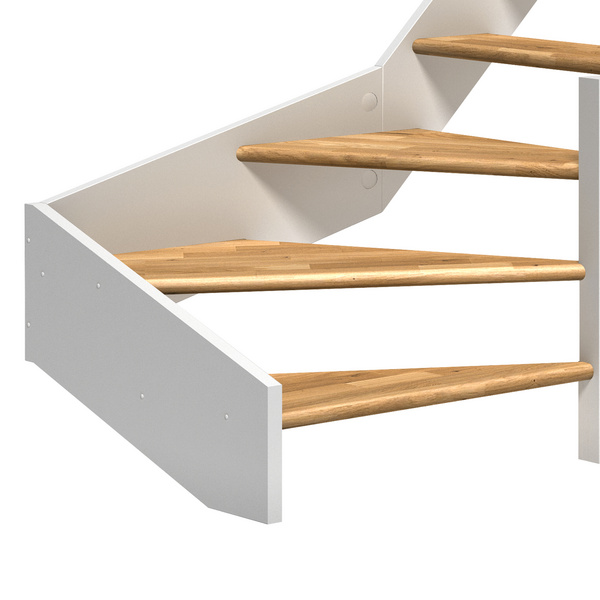Raumspartreppe Paris ohne Setzstufen Eiche weiß 1/4 gewendelt unten rechts Rechteckstäbe B 83,5cm GH bis 318 cm